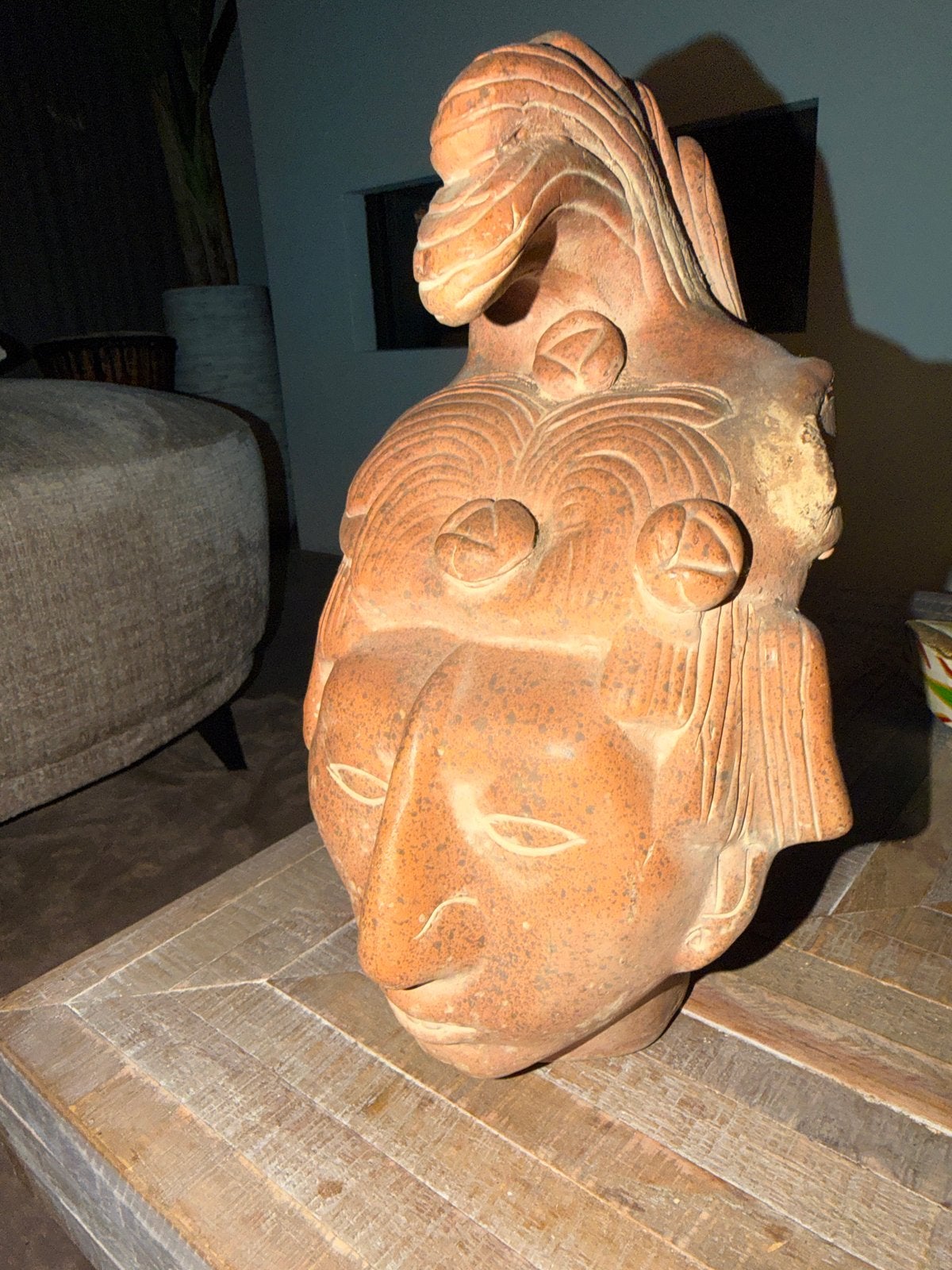 Terracotta Buste Koning Pakal de Grote - Maya Palenque, Buste, Ophalen of Verzenden, Steen of Keramiek, Bruin