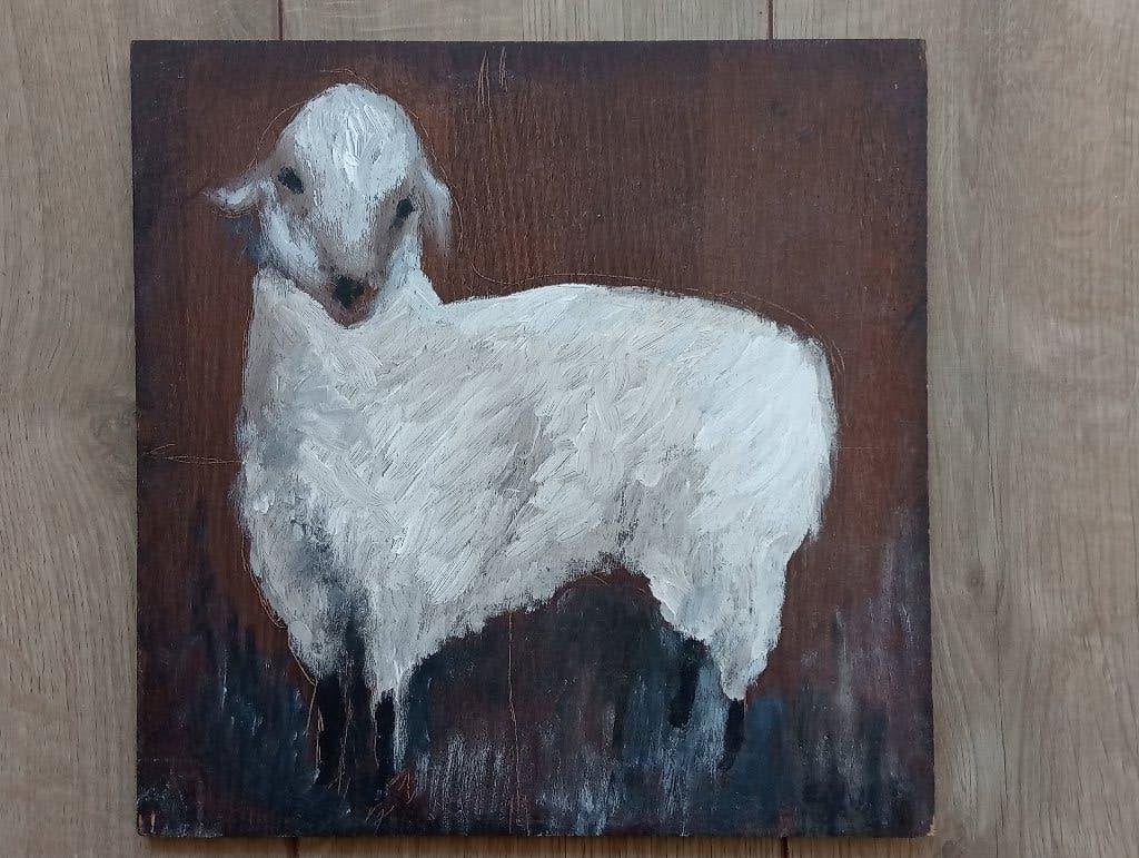 lammetje - olie op paneel, Antiek en Kunst, Ophalen, Paneel, Dieren, Olieverf
