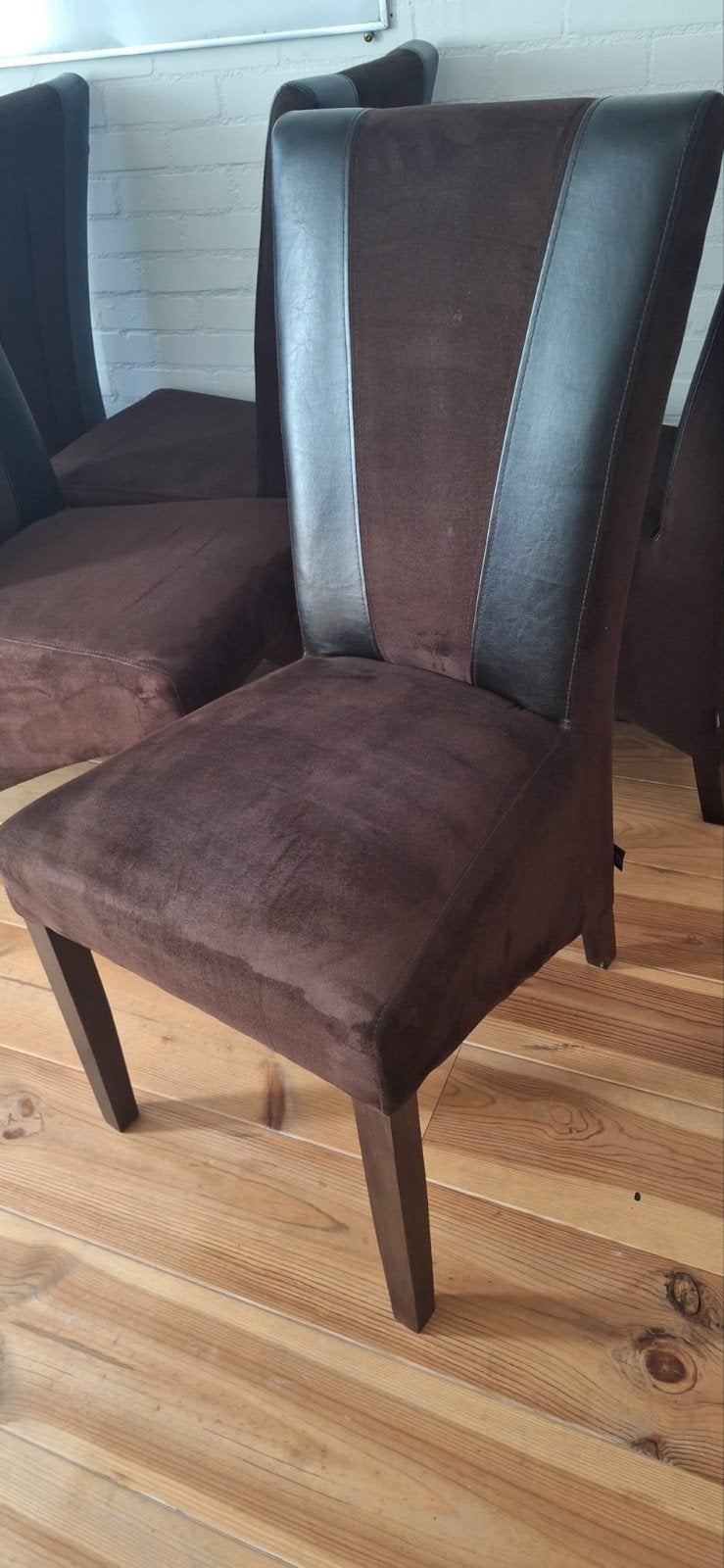 Set van 6 H&H eetkamerstoelen - Bruin stof en leer, Huis en Inrichting, Stoelen, Ophalen, Gebruikt, Bruin, Modern