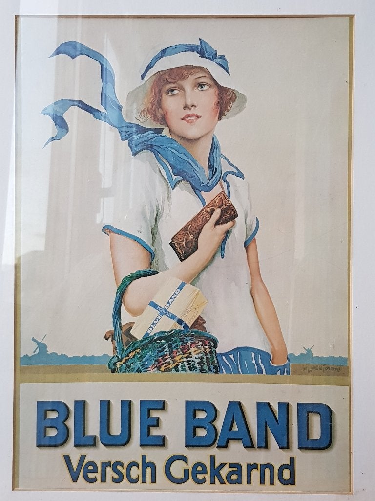 Mooie ingelijste vintage reclame prent van Blue Band 51,2 cm, Met glas, Ophalen of Verzenden, Portret en Figuren