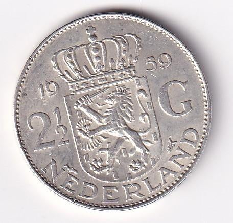 2 1/2 Gulden 1959 met tikje in de rand, Postzegels en Munten, Munten | Nederland, Koningin Juliana, Verzenden, Zilver, Losse munt