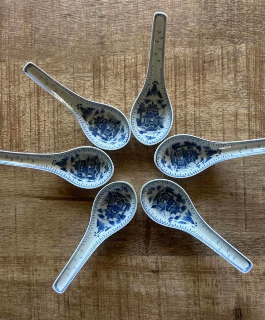 6 porseleinen Chinese lepels, handgemaakt, blauw-wit, Ophalen of Verzenden