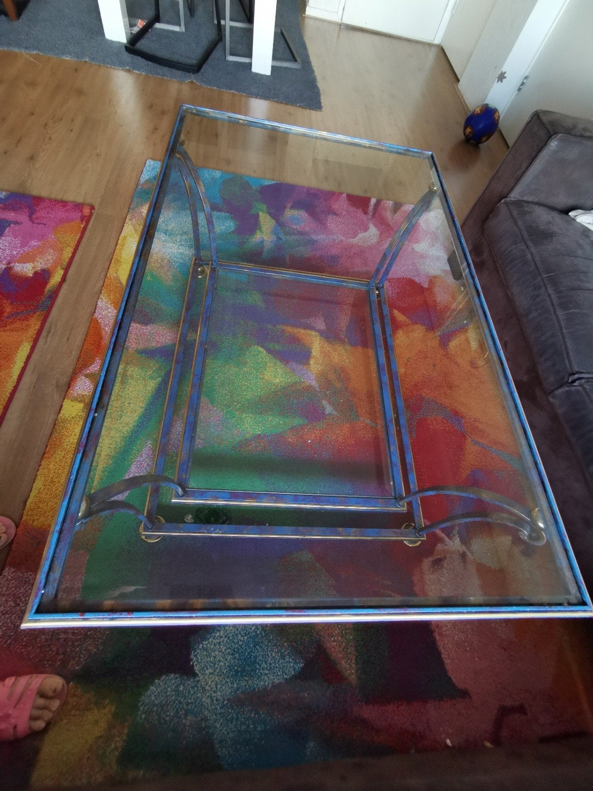 Glazen salontafel en sidetanle met metalen frame, Gebruikt, 100 tot 150 cm, Glas, Vintage, Modern