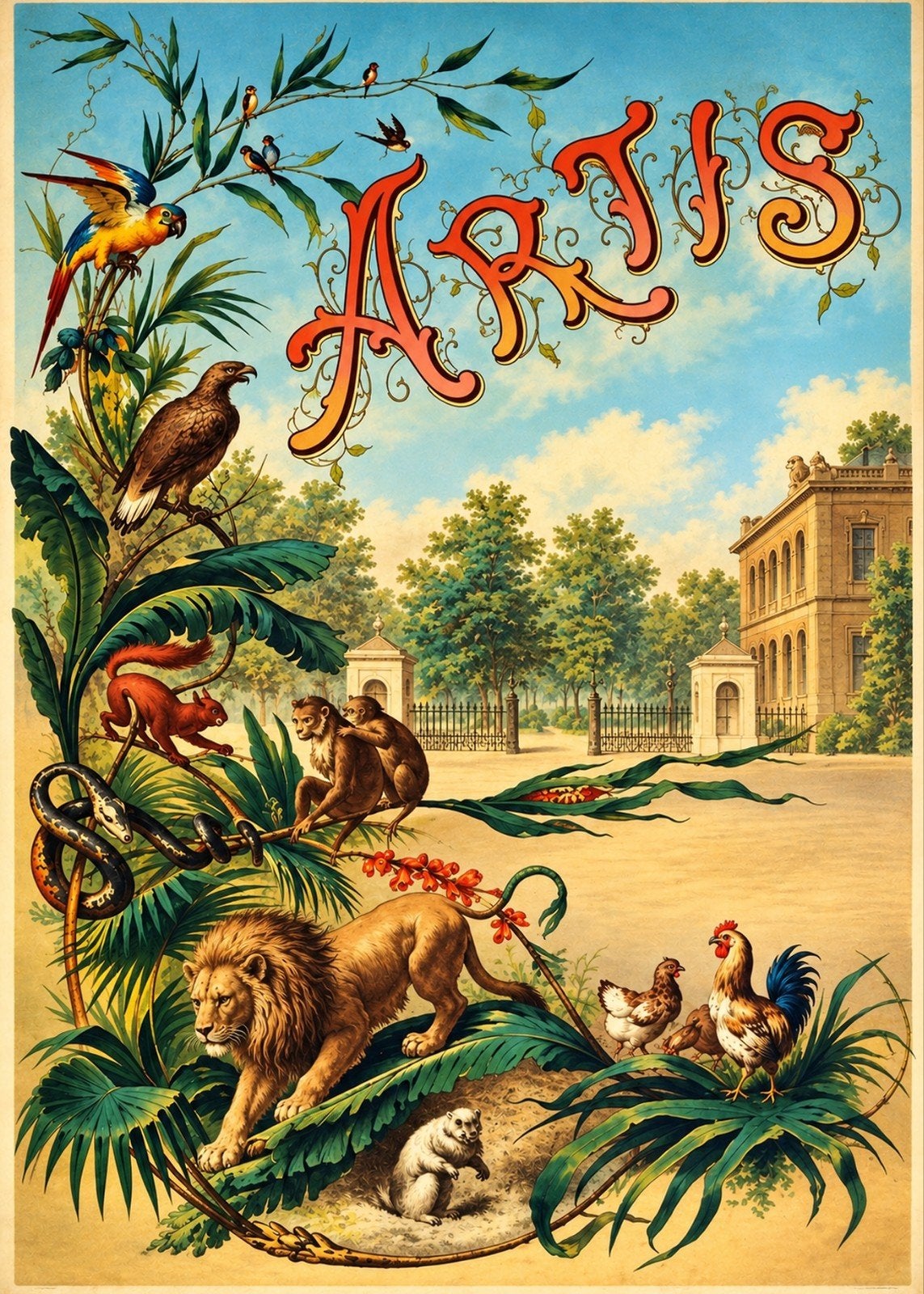 Antieke Artis Poster vol met dieren en natuur, Verzamelen, Ophalen of Verzenden, A1 t/m A3, Dier of Natuur, Rechthoekig Staand