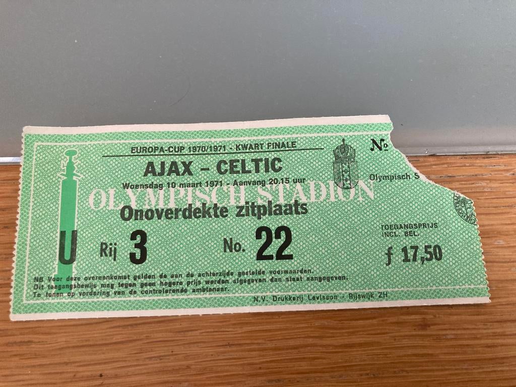 TICKET AJAX-CELTIC EUROPA CUP I KWART FINALE 70-71, Ophalen of Verzenden, Zo goed als nieuw, Ajax, Overige typen