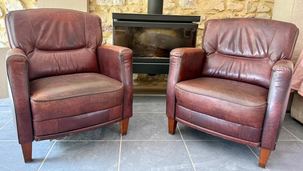 Set van 2 Vintage Leren Fauteuils - Klassiek Design, Huis en Inrichting, Ophalen, Gebruikt, 50 tot 75 cm, Echte Vintage !