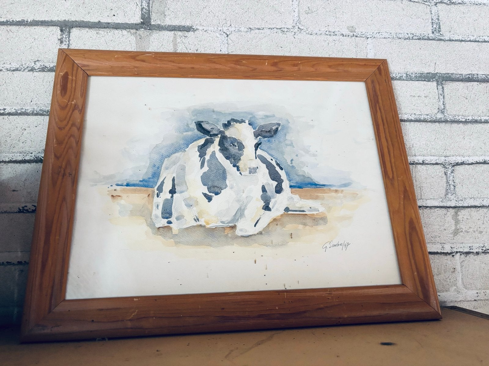 Aquarel schilderij van een liggende koe, gesigneerd, Antiek en Kunst, Aquarel, Papier/karton, Ophalen of Verzenden, Dieren