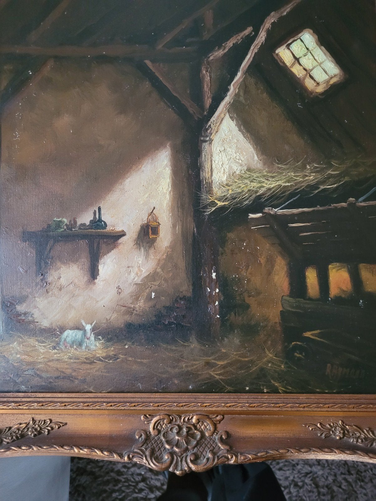 Prachtig olieverfschilderij stal interieur gesigneerd, Doek, Dieren, Ophalen of Verzenden, Olieverf
