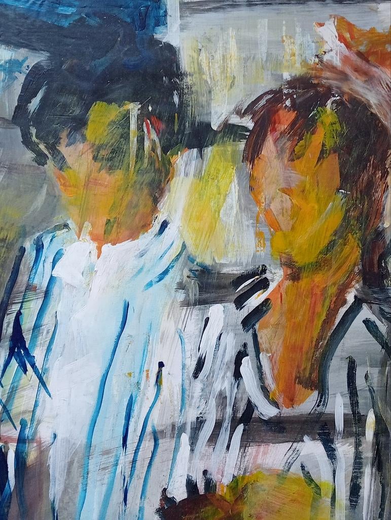 Gouache olieverf op papier 20e eeuw Drie figuren, Antiek en Kunst, Ophalen of Verzenden