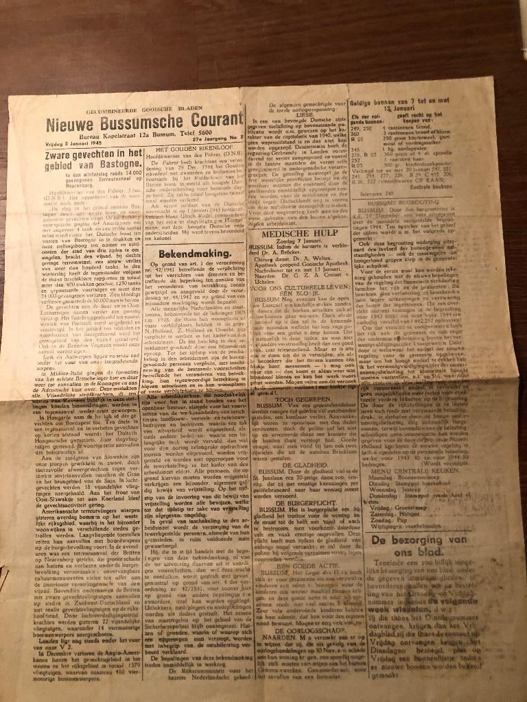 Hongerwinter. Nieuwe Bussumsche Courant 5 Januari 1945., Verzenden, Tweede Wereldoorlog, Overige onderwerpen