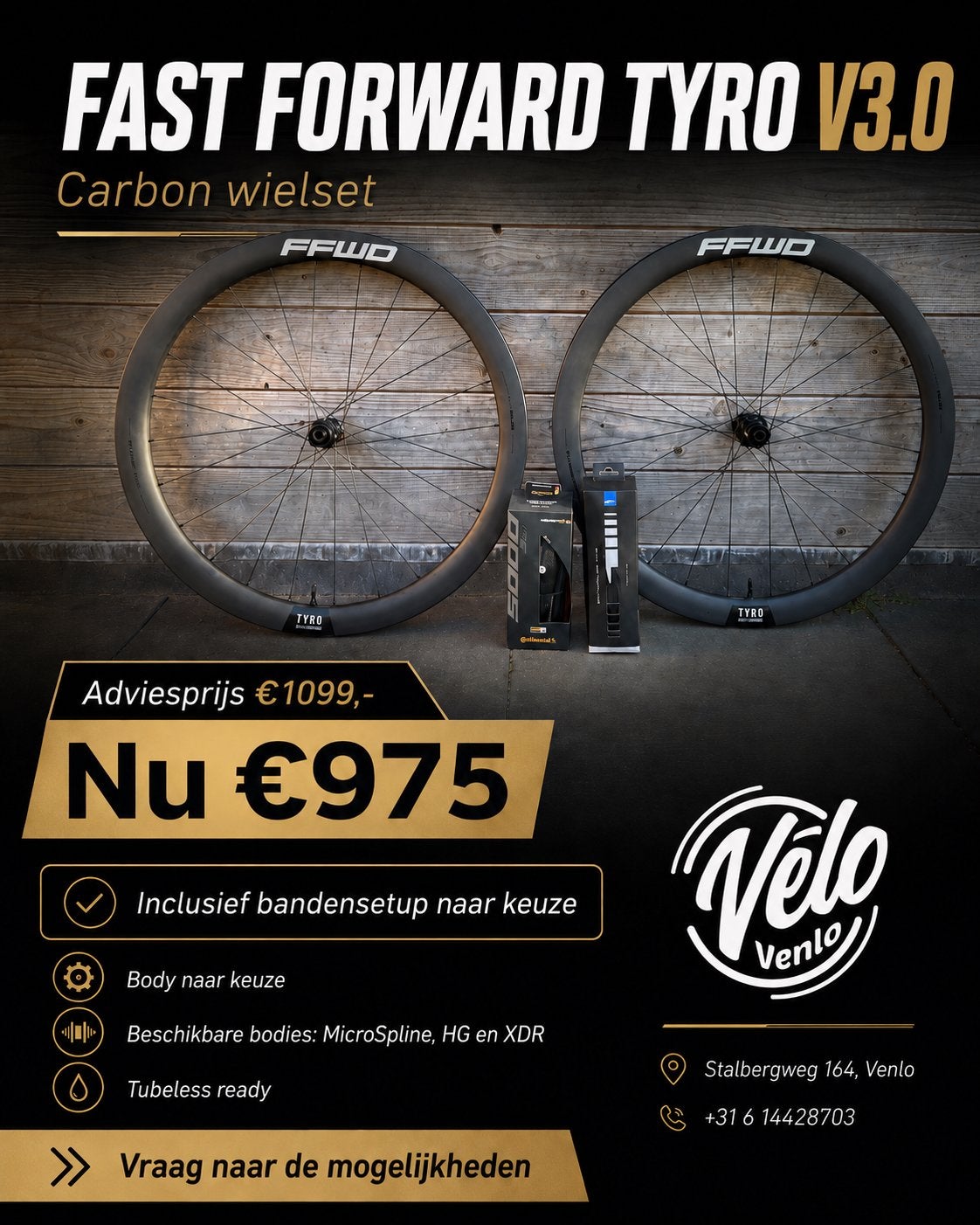 FFWD Tyro V3.0 carbon wielset incl bamdem setup, Fietsen en Brommers, Wiel, Stalbergweg, FFWD, Info@velovenlo.nl