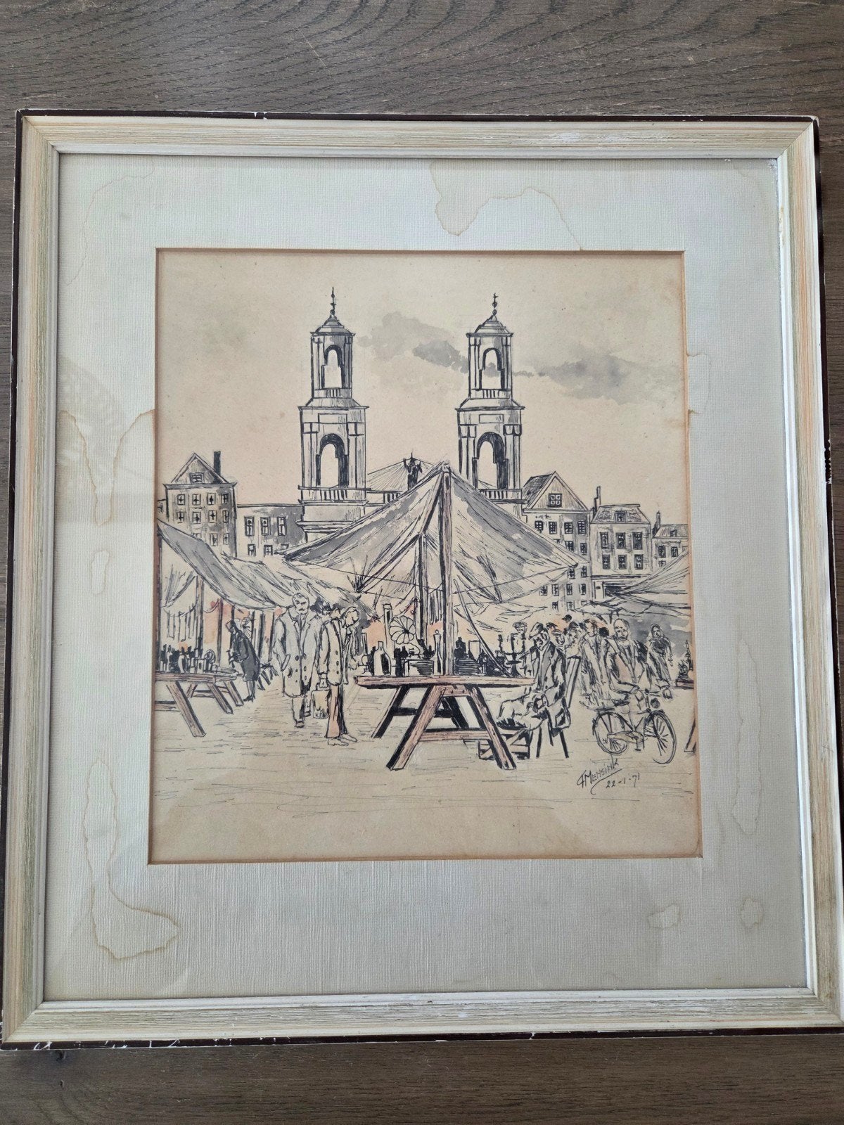 Vintage tekening van Waterloopplein, Ophalen of Verzenden, Tekening, Pentekening, Gesigneerd