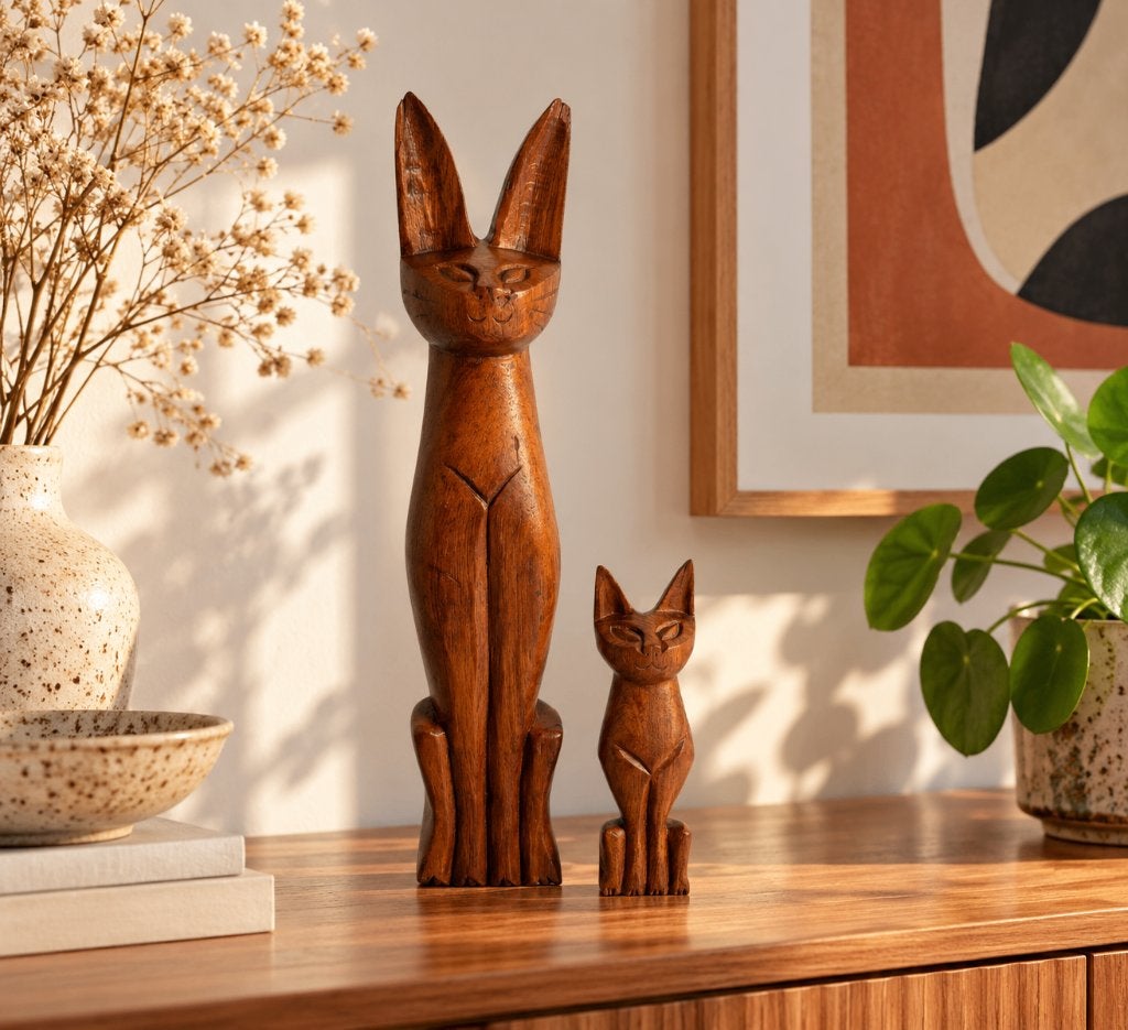 Twee vintage handgesneden gestyleerde houten katten, Houtsnijwerk, Ophalen of Verzenden, 20 - 50 cm, Hout