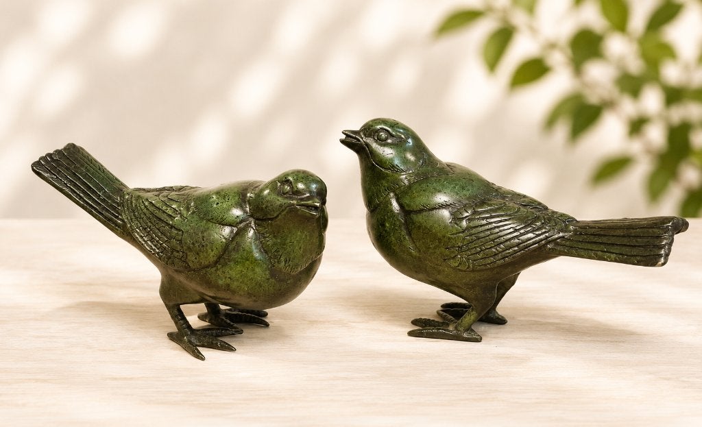 VOGELS / set / brons / MUSSEN / tuinbeeld / groen