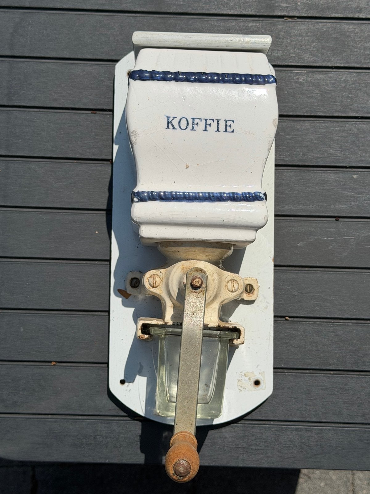 Antieke keramieken koffiemolen met houten deksel, Antiek en Kunst, Ophalen of Verzenden