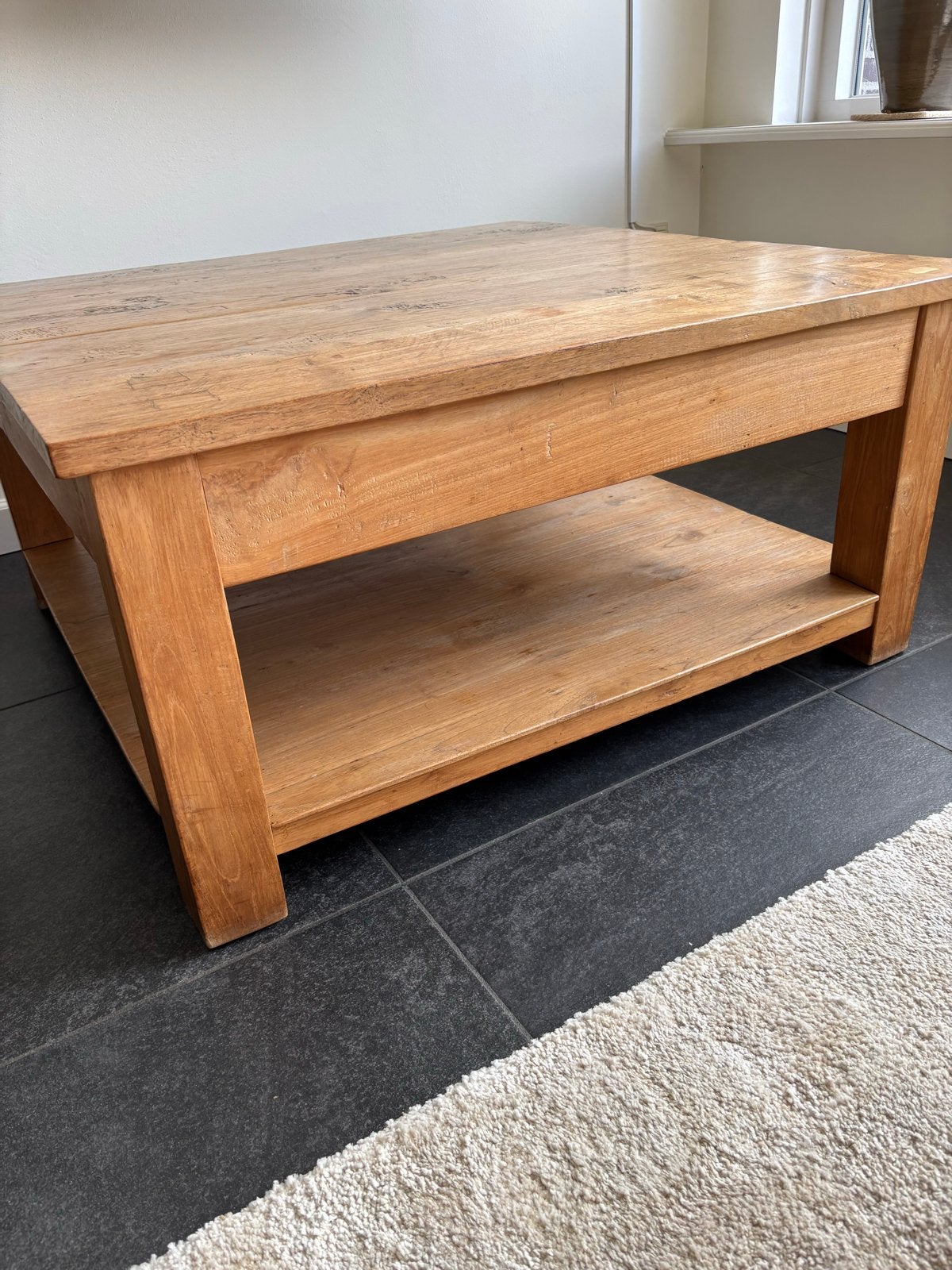 Mooie teakhouten salontafel 100x100 cm, 48 cm hoog, Ophalen, Gebruikt, 50 tot 100 cm, 5 – 50