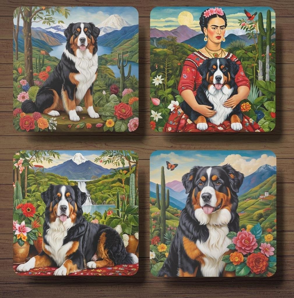Berner Sennen Frida Kahlo onderzetters met houder, Huis en Inrichting, Ophalen of Verzenden, Nieuw