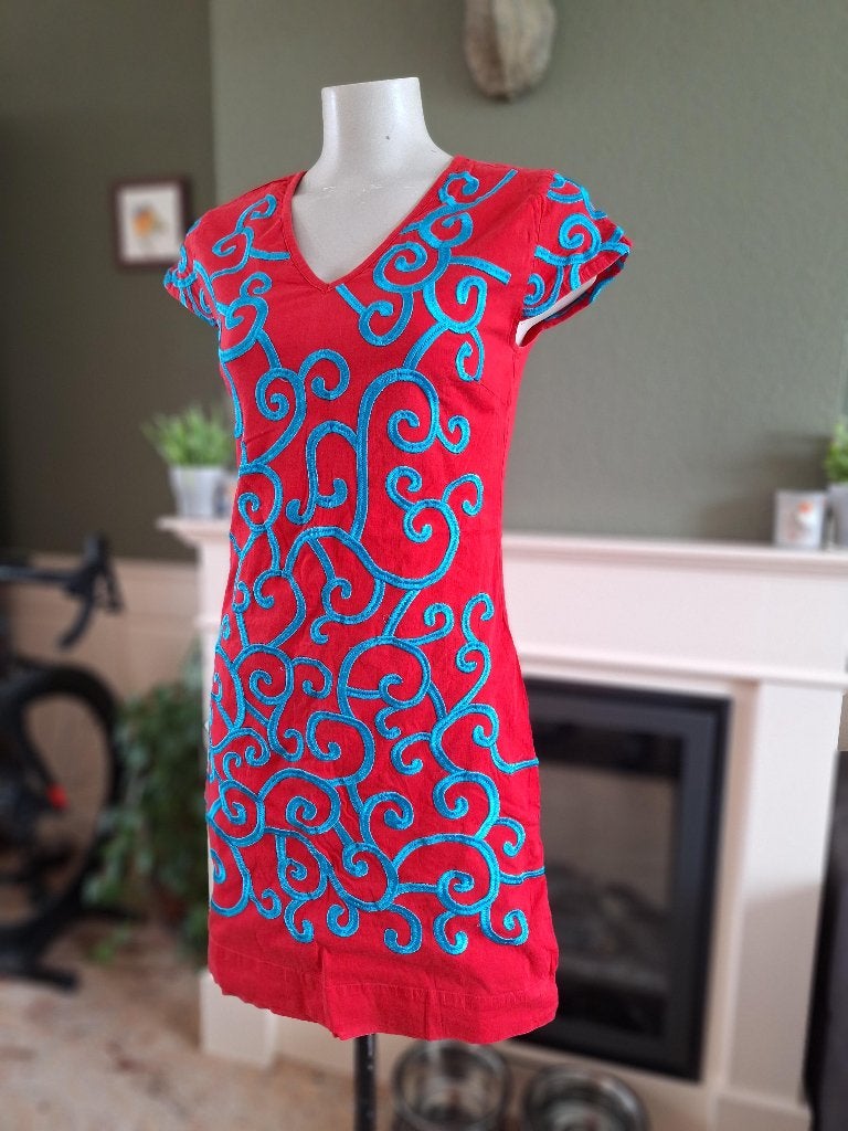 Almatrichi schitterend rood blauw jurk S 36 / 38, Kleding | Dames, Verzenden, Knielengte, Almatrichi, Maat 36 (S)