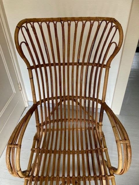 Vintage Dirk van Sliedrecht Jaren '60 Rotan Belse 9 Fauteuil, Ophalen, Vintage Design Klassieker, Minder dan 75 cm, Riet of Rotan