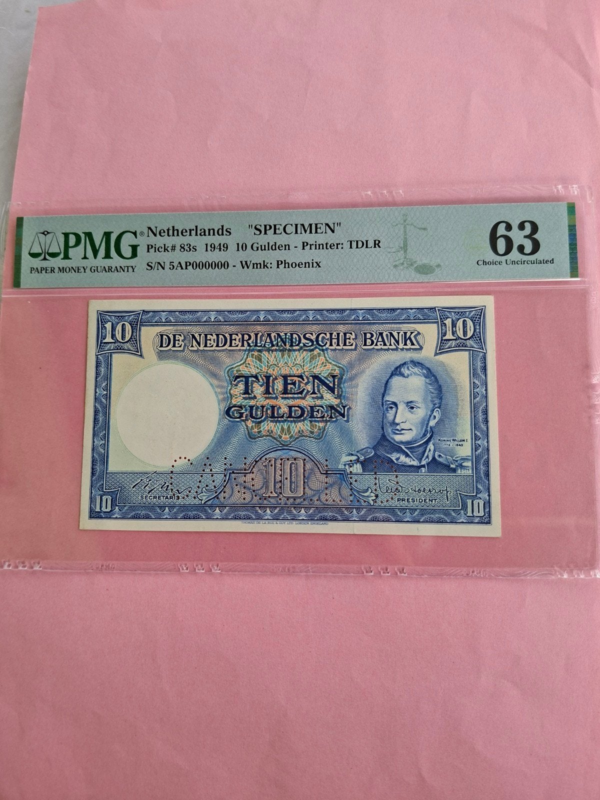 10 gulden Koning willem I SPECIMEN uit 1945 UNC gekeurd PMG, Ophalen of Verzenden, 10 gulden, Los biljet