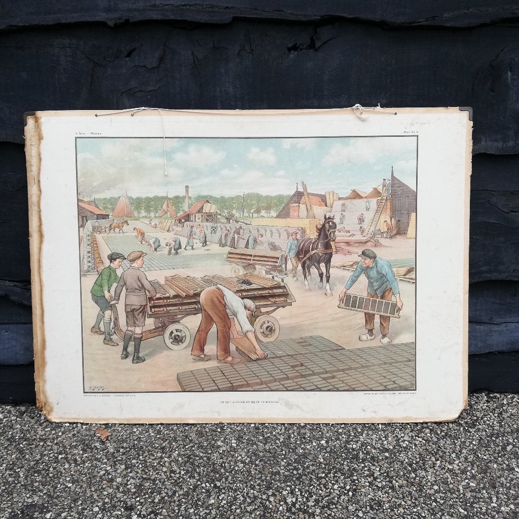 Schoolplaat Op het zetveld en bij de steenovens, Antiek en Kunst, Antiek | Schoolplaten, Ophalen, Geschiedenis