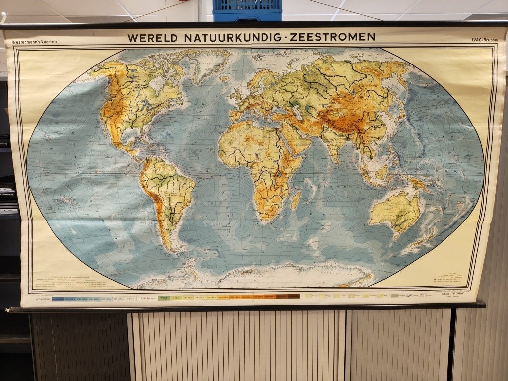 XXL vintage schoolkaart Wereld Natuurkundig – Zeestromen, Ophalen, Aardrijkskunde