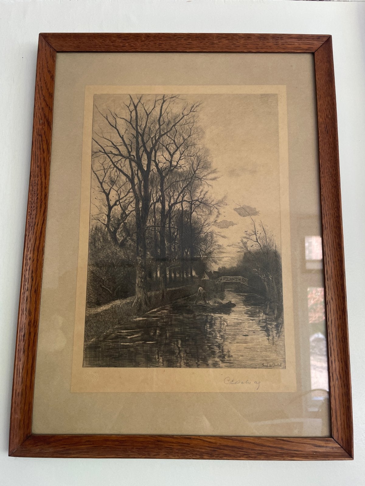Antiek ets van du Chattel gesigneerd, landschap met water, 1800 - 1899, Ets, Ophalen of Verzenden, Gesigneerd