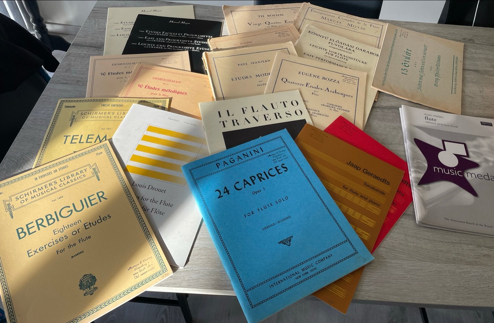 Grote bundel dwarsfluit studieboeken - diverse technieken, Gebruikt, Klassiek, Les of Cursus, Dwarsfluit of Piccolo