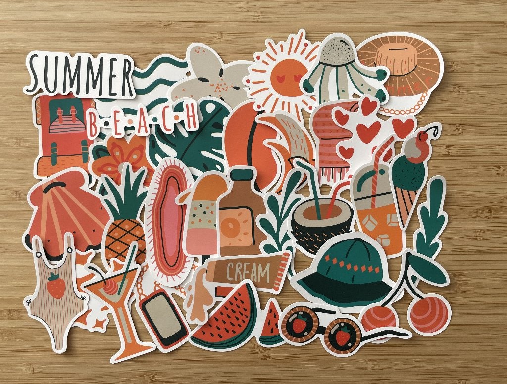 Zomer, strand, drankjes, zomerhoed stickers, Verzenden, Nieuw, Meerdere stickers