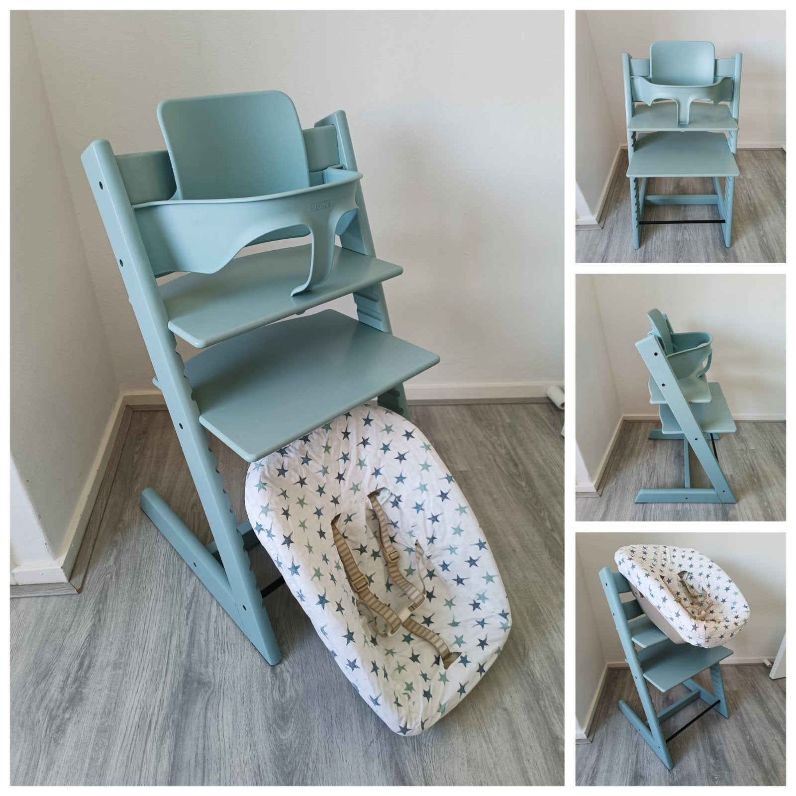 Stokke Tripp Trapp aqua blue met babyset, newbornset, hoes, Meegroeistoel, Ophalen of Verzenden, Zo goed als nieuw, X