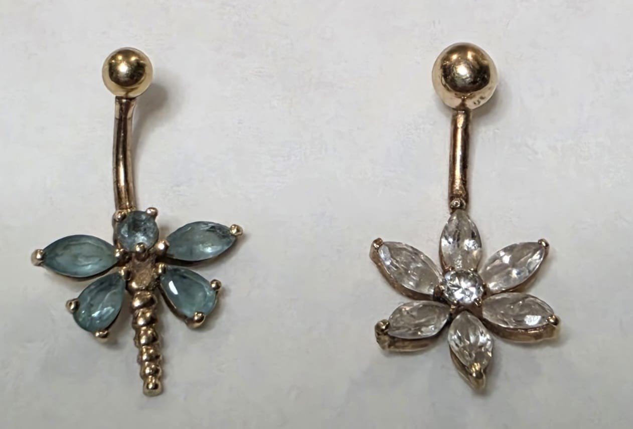 2x 14 Karaat Gouden Navelpiercings met Strass, Sieraden, Tassen en Uiterlijk, Piercings, Navelpiercing, Ophalen of Verzenden, Zo goed als nieuw