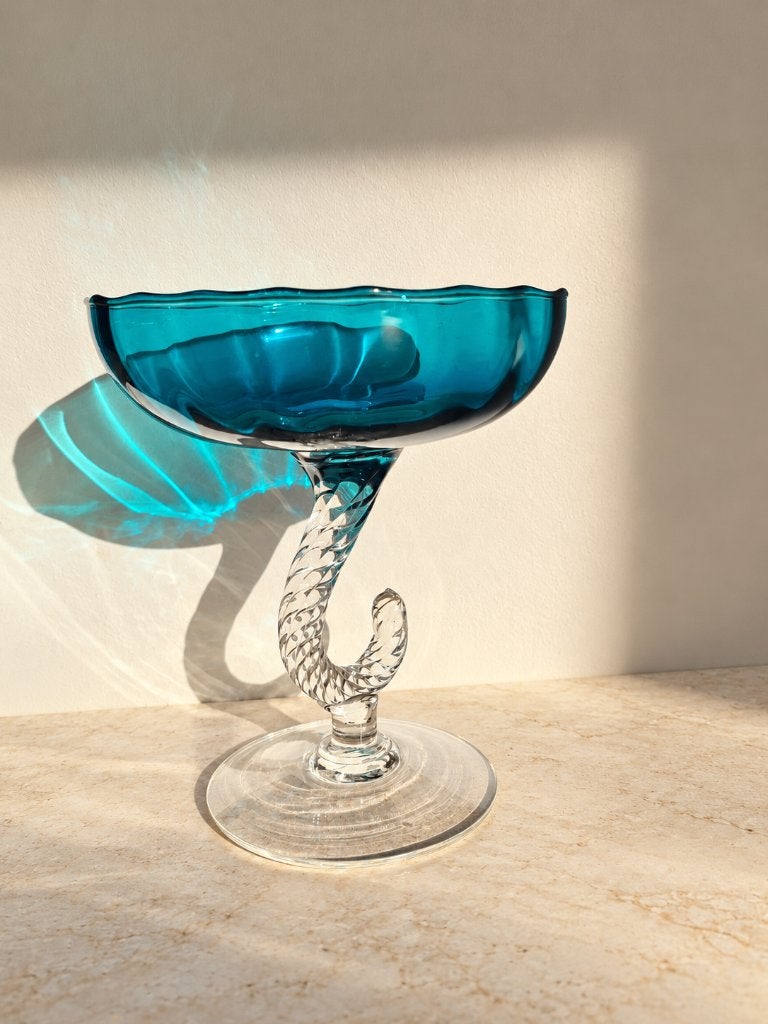 Turquoise glazen bonbonschaal op voet Vintage Empoli stijl, Ophalen of Verzenden