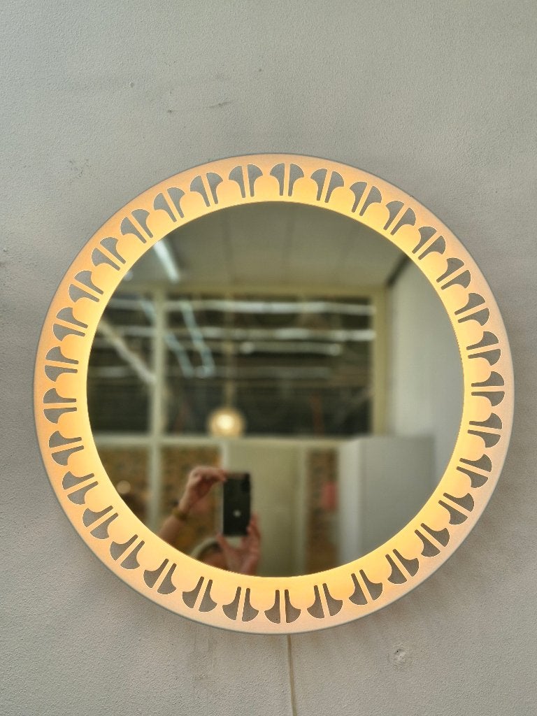 Grote ronde vintage spiegel Hillebrand met verlichting, Ophalen, Gebruikt, ., Rond