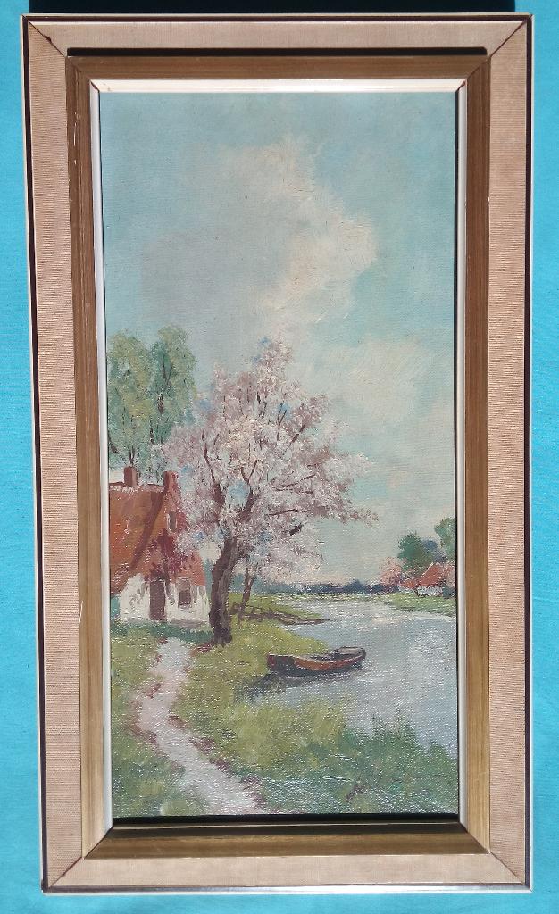 SCHILDERIJ 1930s BLOESEMBOOM BOERDERIJEN BOOT GESIGNEERD, Verzenden
