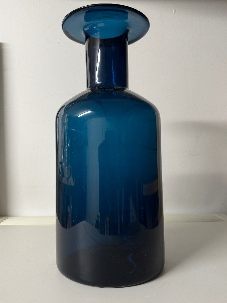 Blauw glazen fles vaas, Ophalen, Gebruikt, Blauw, Glas