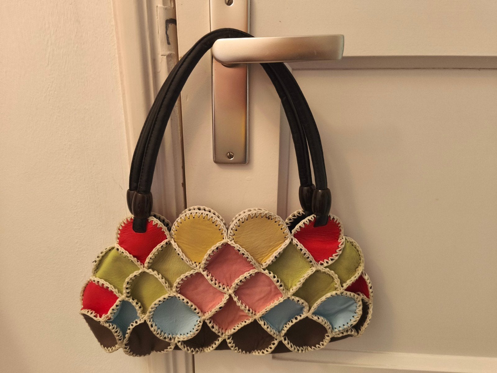 :Uniek vintage boho leren handtasje – Patchwork gehaakt, Ophalen of Verzenden, Zo goed als nieuw, Overige kleuren, Handtas