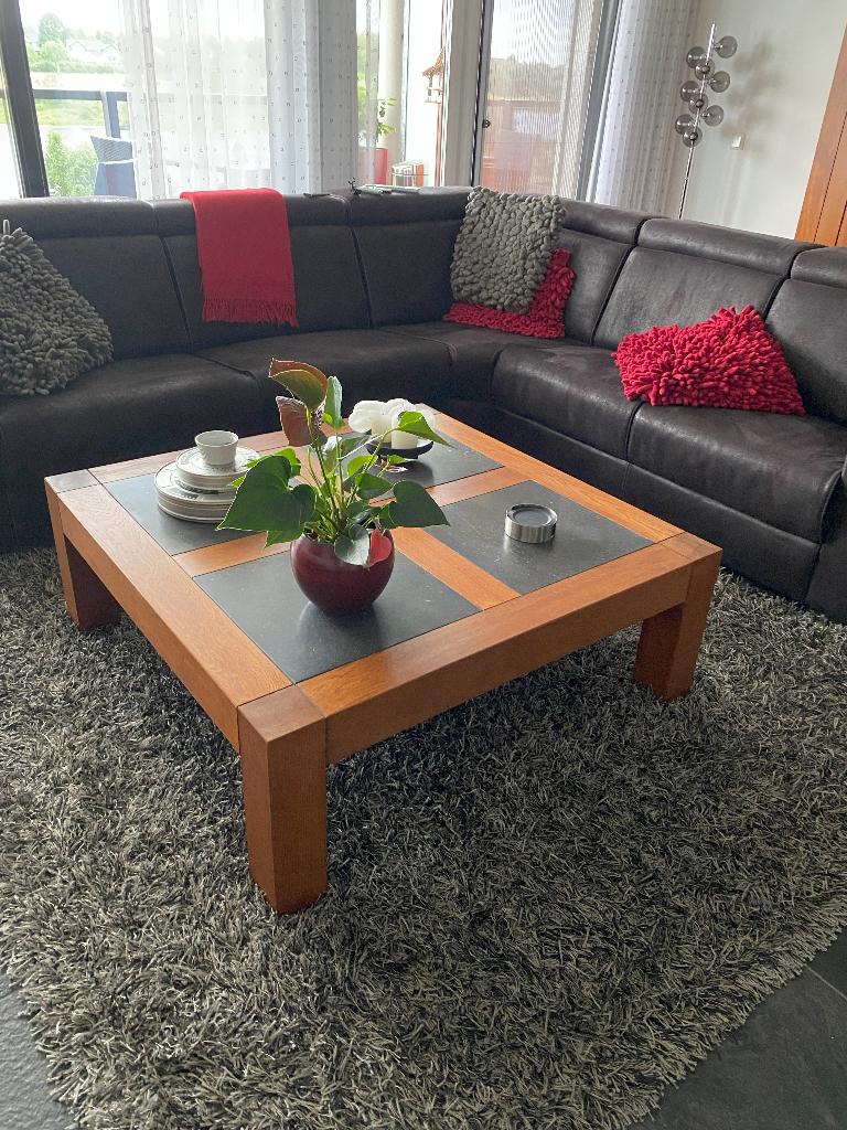MASSIEF EIKEN SALONTAFEL 120X120 CM INLEG LEISTEEN, Ophalen, Vierkant, Zo goed als nieuw, Overige materialen
