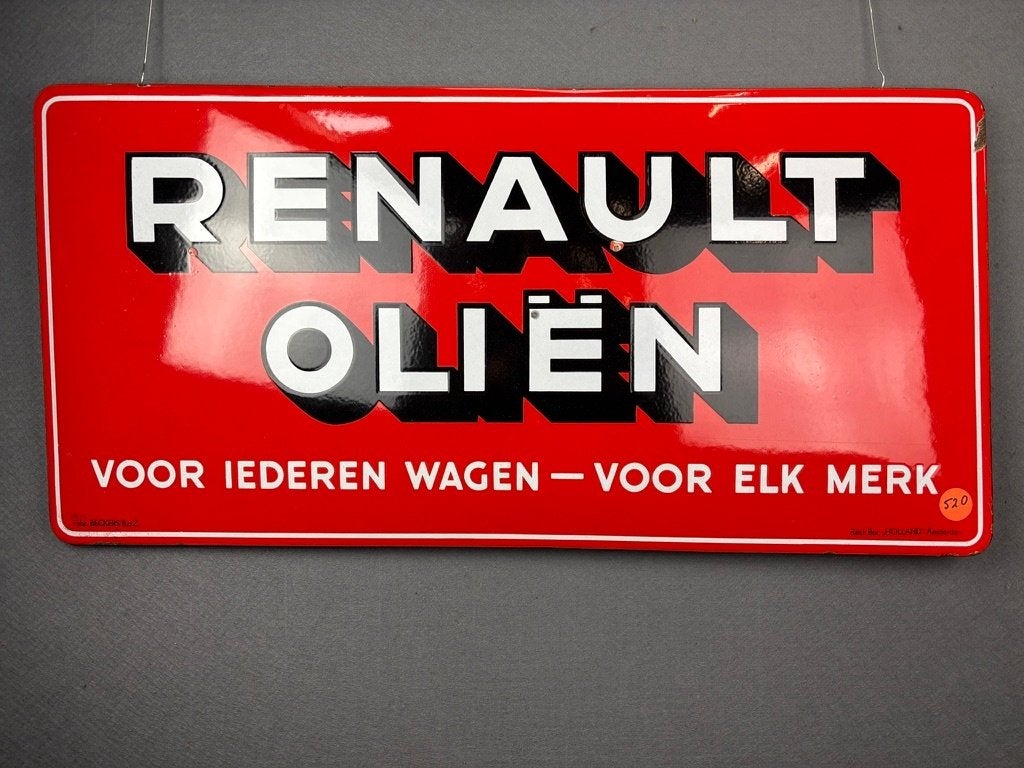 Renault olien emaille reclamebord Beckers BoZ 94x46cm, Reclamebord, Gebruikt, ,, Ophalen of Verzenden