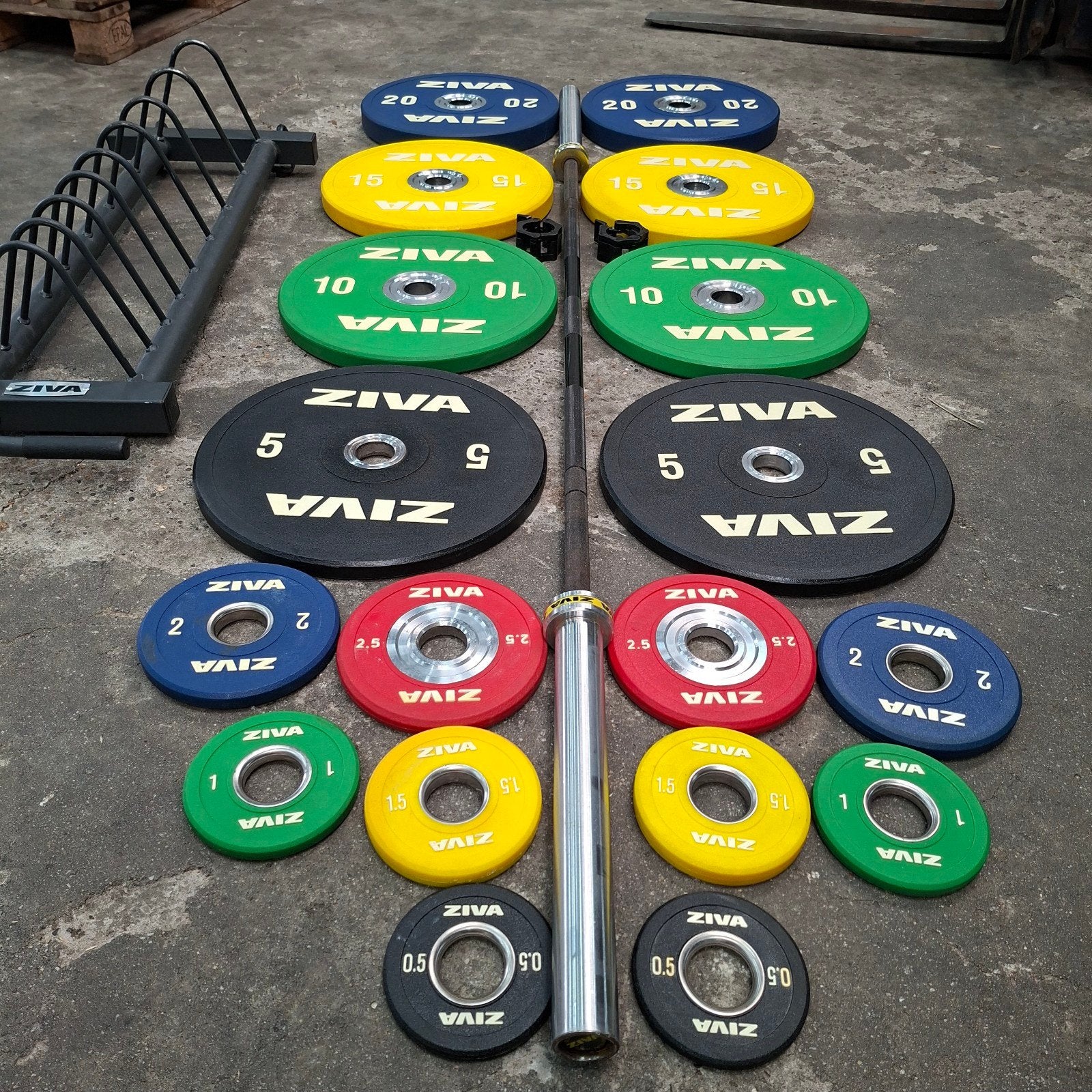 Ziva Urethane Competition Bumper Plates Set Compleet, Ophalen, Zo goed als nieuw, Benen, Halterset