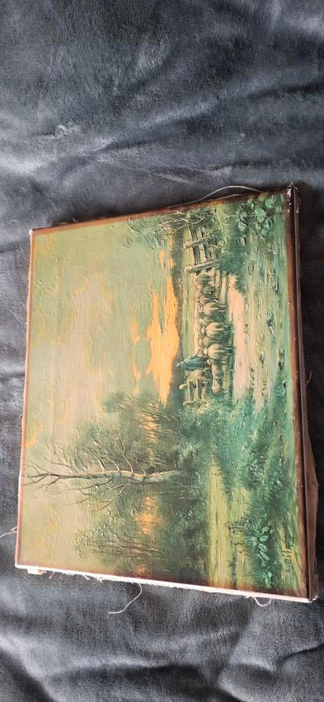 Oud schilderij met landschap en schapen, Antiek en Kunst, Kunst | Schilderijen | Klassiek, Ophalen of Verzenden