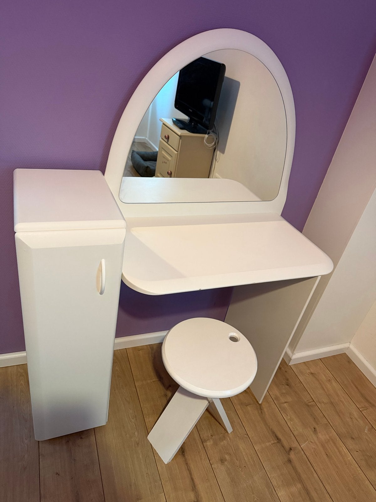Witte kaptafel met spiegel en krukje, Ophalen, Gebruikt, Hout, 100 tot 150 cm