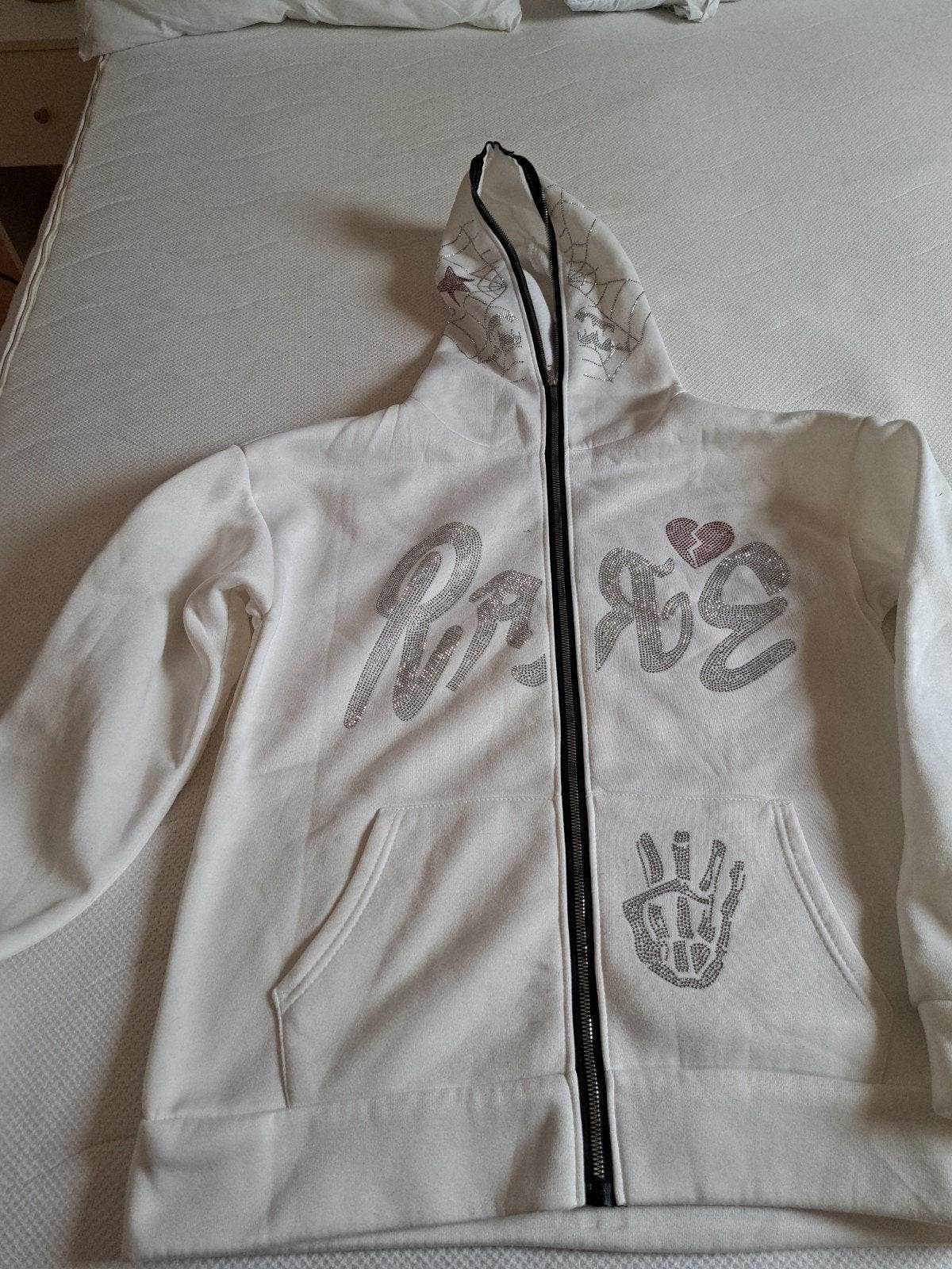 Witte hoodie met rits en strass details - Maat S, Wit, Ophalen of Verzenden, Maat 36 (S), Onbekend