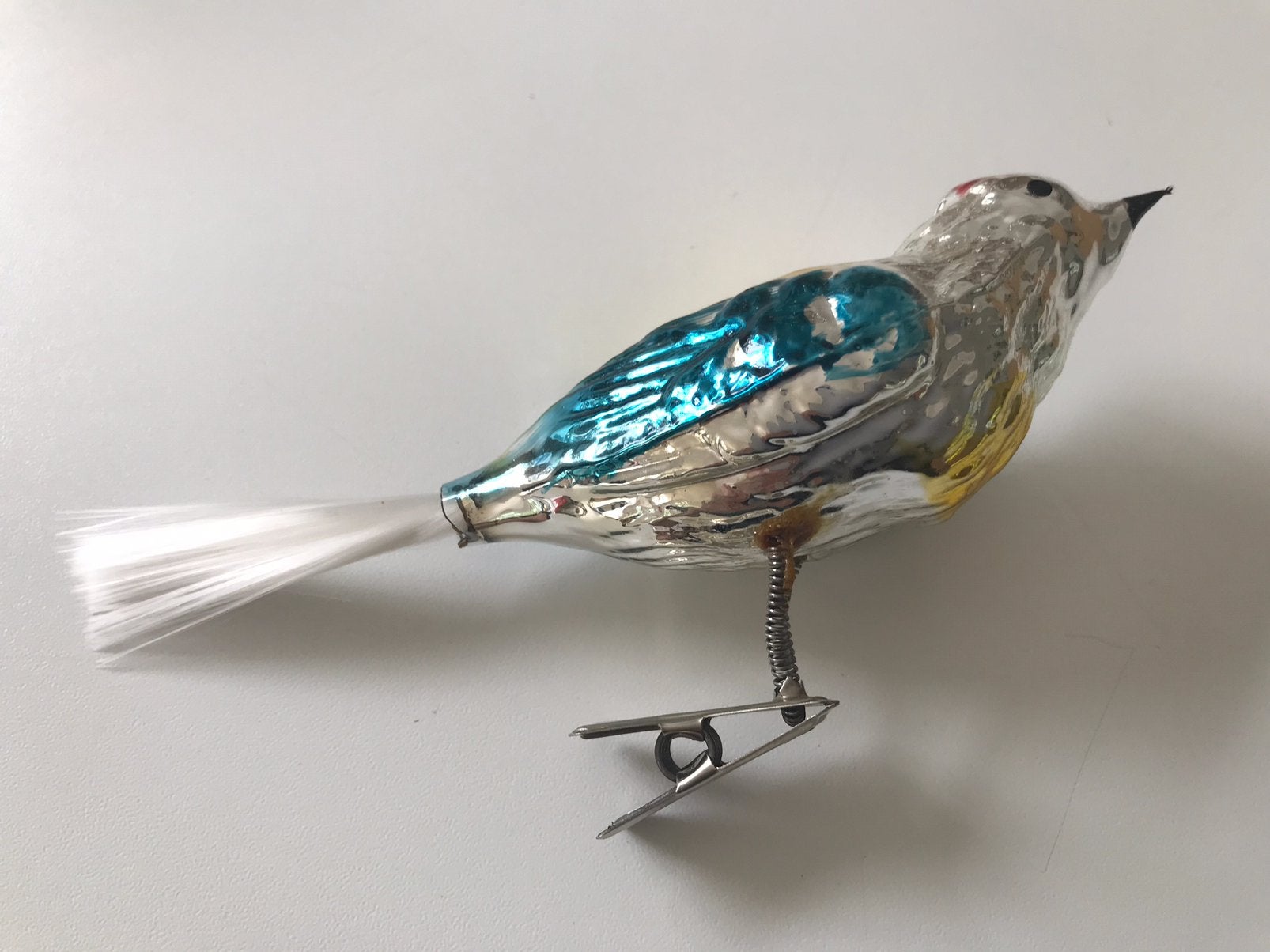 Antieke kerstbal vogel op dubbele knijper, Ophalen of Verzenden, Gebruikt