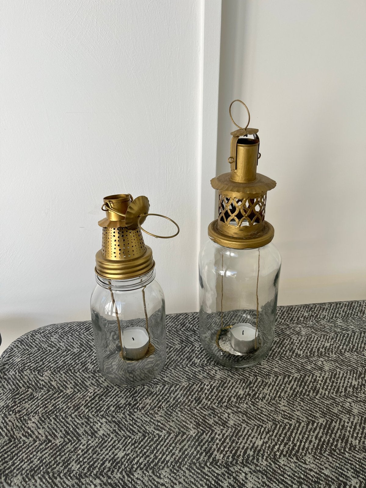 Set van 2 glazen lantaarns met gouden deksel, Gebruikt, Lantaarn, Verzenden, Glas