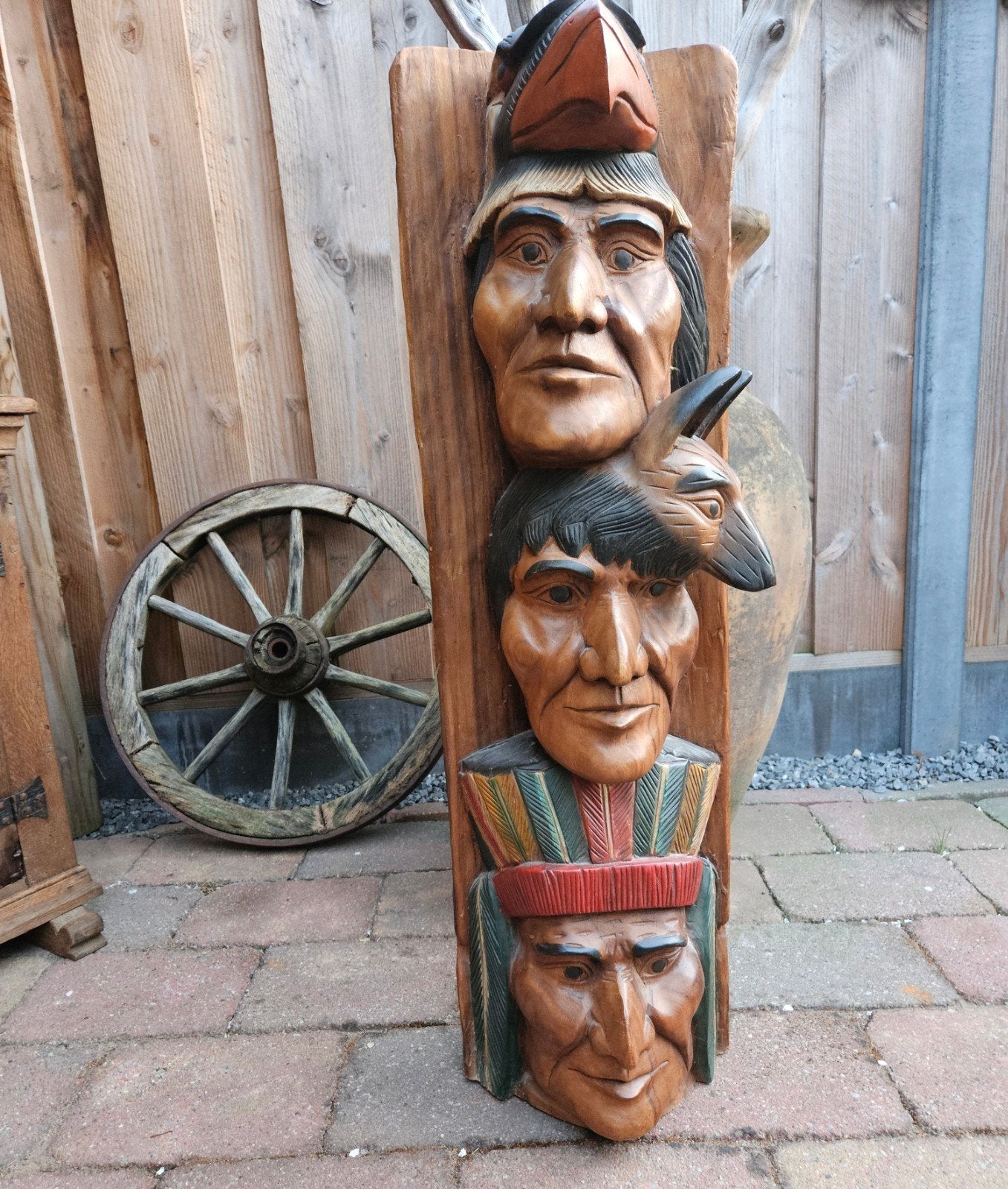 MASSIEF HOUTEN INDIANEN TOTEMPAAL HOOGTE 1 10 CM ,, Antiek en Kunst, 1 meter - 2 meter, Overige stijlen, Totempaal, Beschilderd
