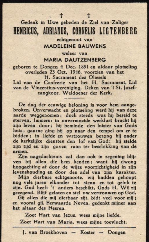 Ligtenberg Henricus Adrianus Cornelis 1891-1946 Dongen, Ophalen of Verzenden