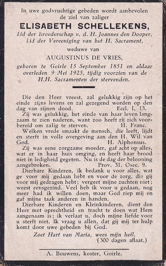Schellekens Elisabeth 1851 Goirle 1925, Ophalen of Verzenden, Bidprentje