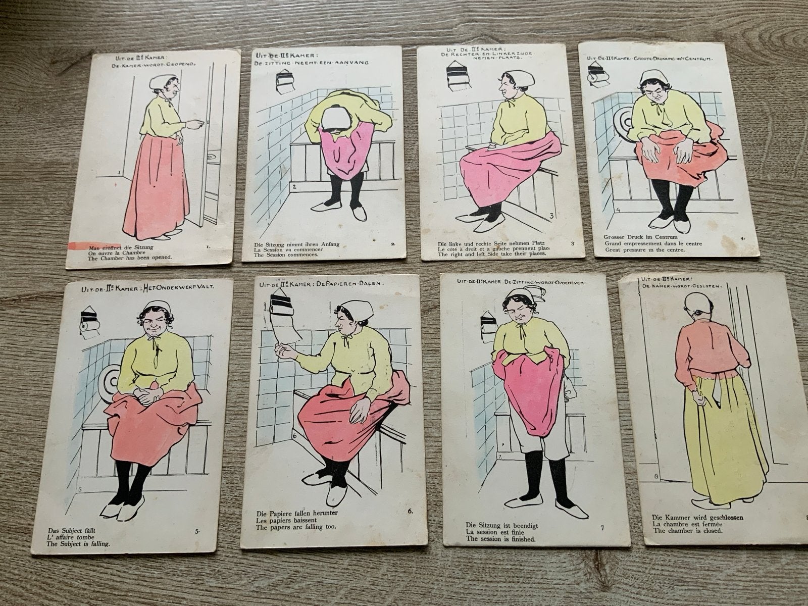 Complete set van 8 humoristische kaarten Uit de Kamer., Ophalen of Verzenden, Voor 1920, Gelopen