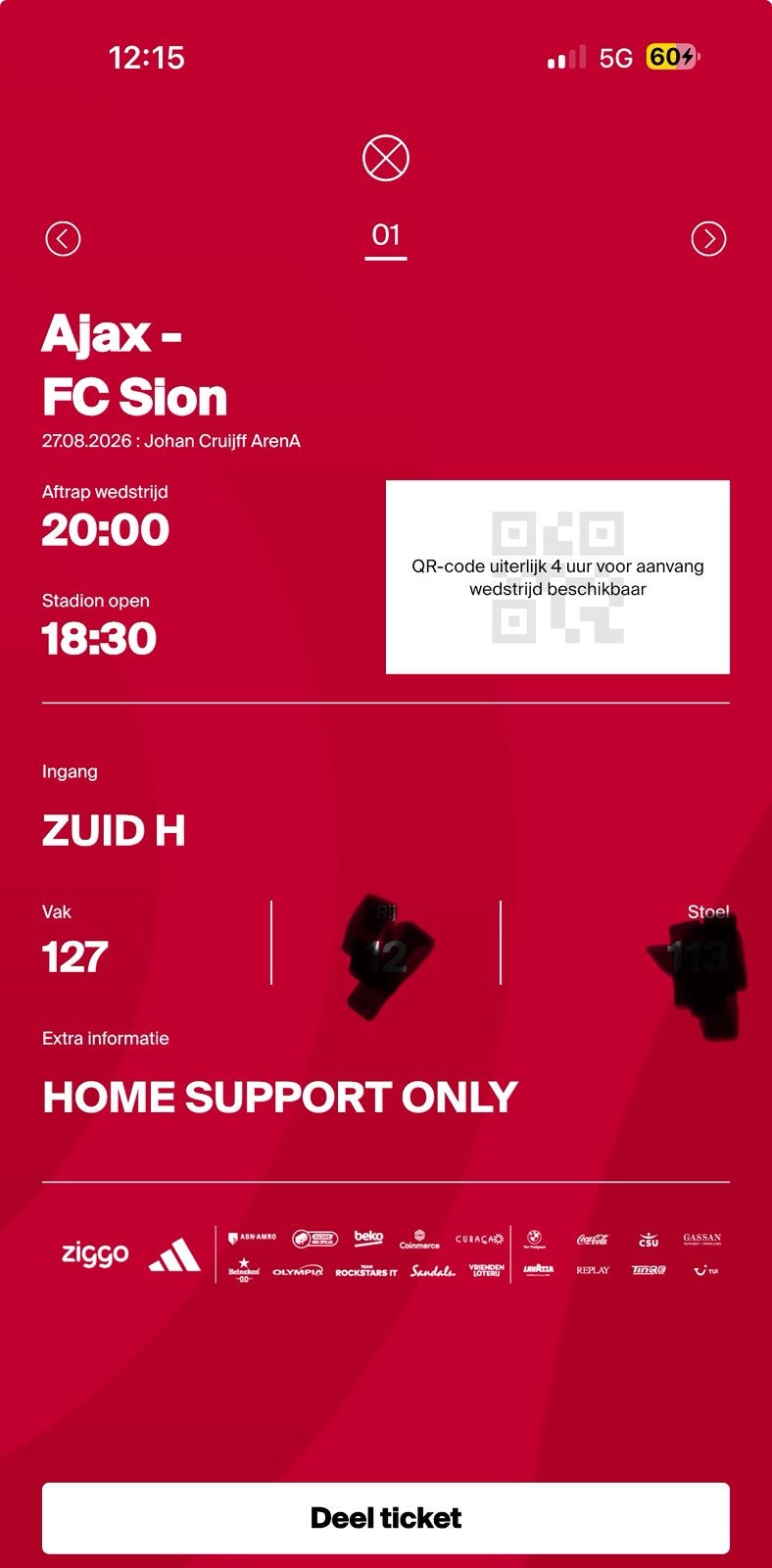 Ajax Sion F side, Tickets en Kaartjes, Sport | Voetbal, Eén persoon