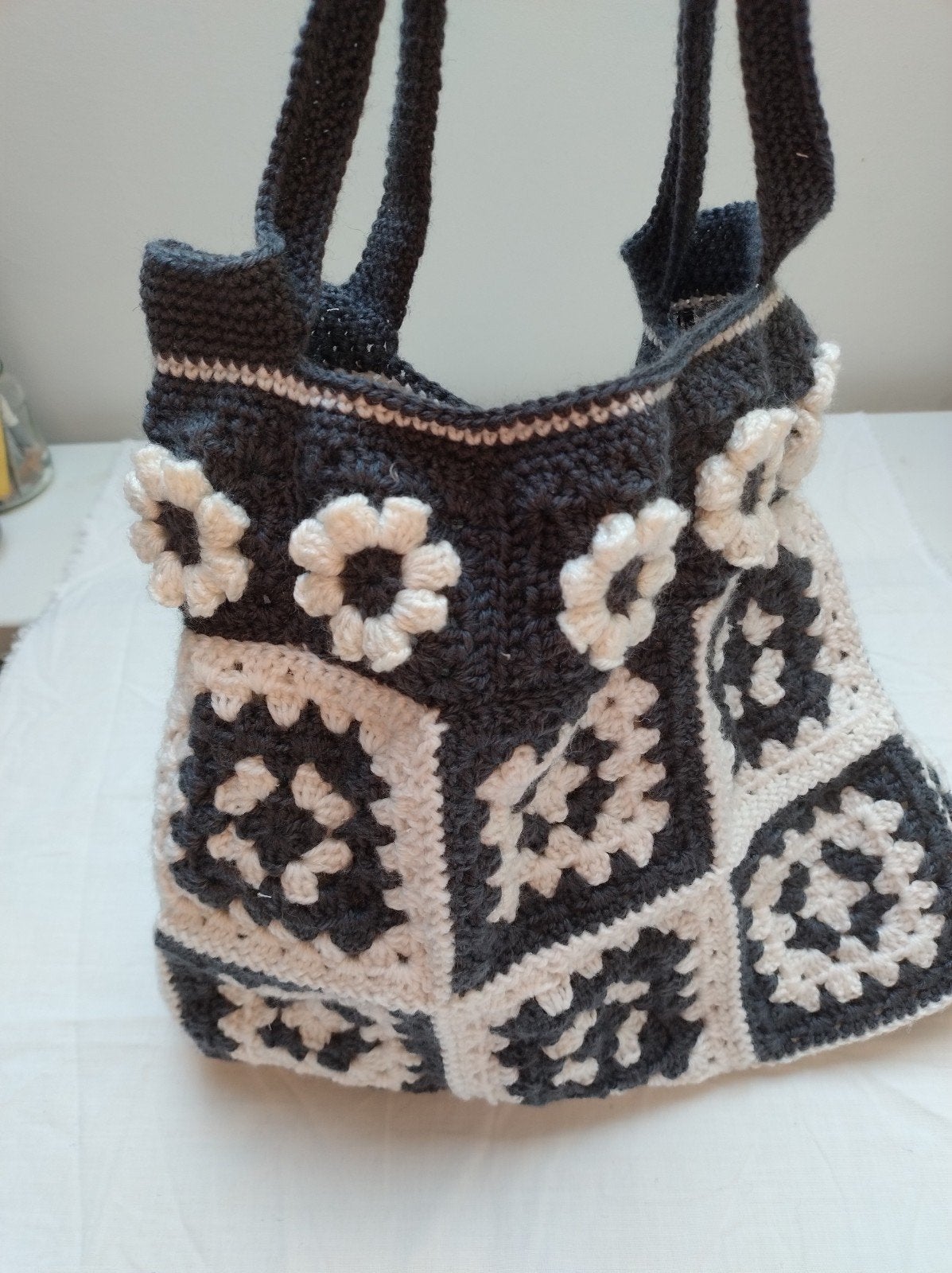 Schoudertas gehaakt acryl granny squares vintage retro, Ophalen of Verzenden, Grijs